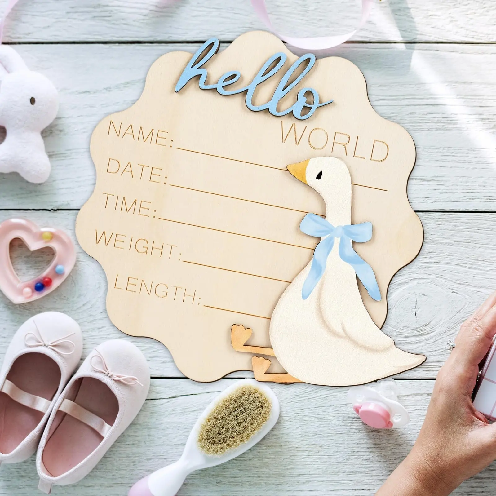 Wooden Hello World Birth Announcement Sign, Goose Newborn Baby Name Stats Board, Birth Keepsake Photo Prop, Signage, Plaque And Sign