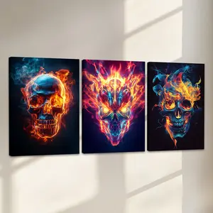 Wooden Framed Canvas Painting, 3 Counts/set Skulls Burning Pattern Wall Art, Wall Art for Home Living Room Bedroom Office, Poster