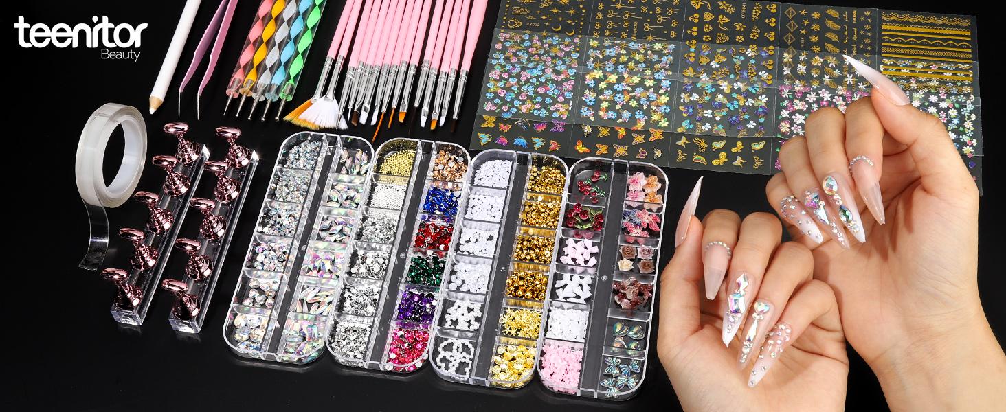 4 Boxes Nail Charms and Gems Set, Nail Rhinestones Nail Kit with Nail Art Brushes Nail Stand, Nail Gems Nail Design Tools with 15pcs Nail Stickers, Gold Nail Pearls for Women Nail Decorations