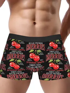 BIIHUDU Men'S Cherry Print Boxer Briefs - Soft Polyester, Medium Stretch, Fun & Sexy Underwear with "Always Sweet" Design, Bl