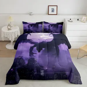 Dragon Bedding Set,Dinosaur Comforter Set for Women Men,Ultra Soft 3D Monster Comforter,City Building Duvet Set,Purple Black Quilt Set