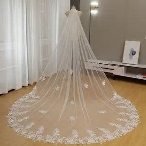 Romantic Garden Floral Lace Embroidery Wedding Veil with 3D Floral Lace Trim & Scattered Branches
