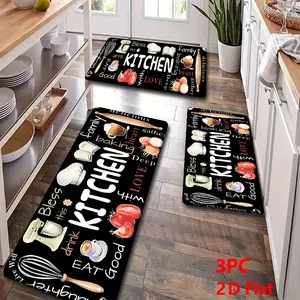 2/3 Piece Flannel Kitchen Mat Set, Decorative Rug, Kitchen Rugs Sets, Fun Kitchen Baking Tools & Food Patchwork Design, Unique Pattern, Anti-Slip, Absorbent, Home Decor