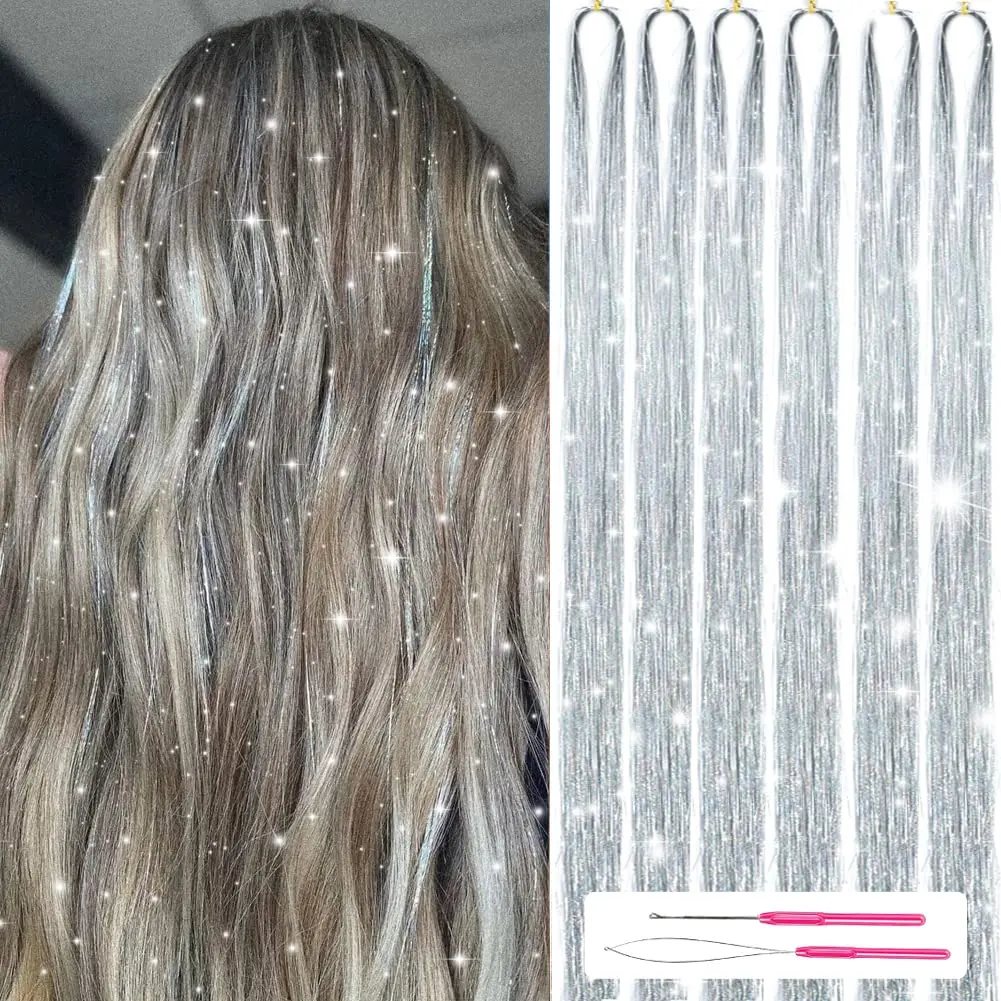 Hair Tinsel Kit with Tools 48 Inch 1200 Strands Glitter Tinsel Hair Extensions Heat Resistant for Women Girls 6 Count