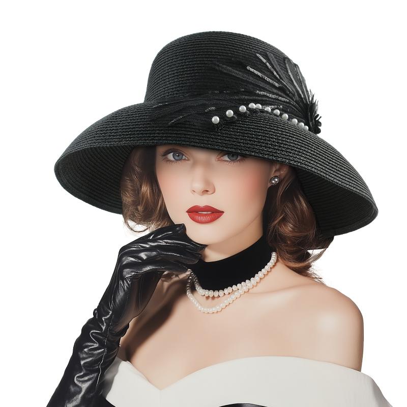 jewelry [Pearl & Lace Flower Straw Hat] Elegant Pearl & Lace Flower Straw Hat - Stretchable Wide Brim Sun Hat with Faux Feather Accent - Ideal for Beach Vacations, Derby Events & Church Outings
