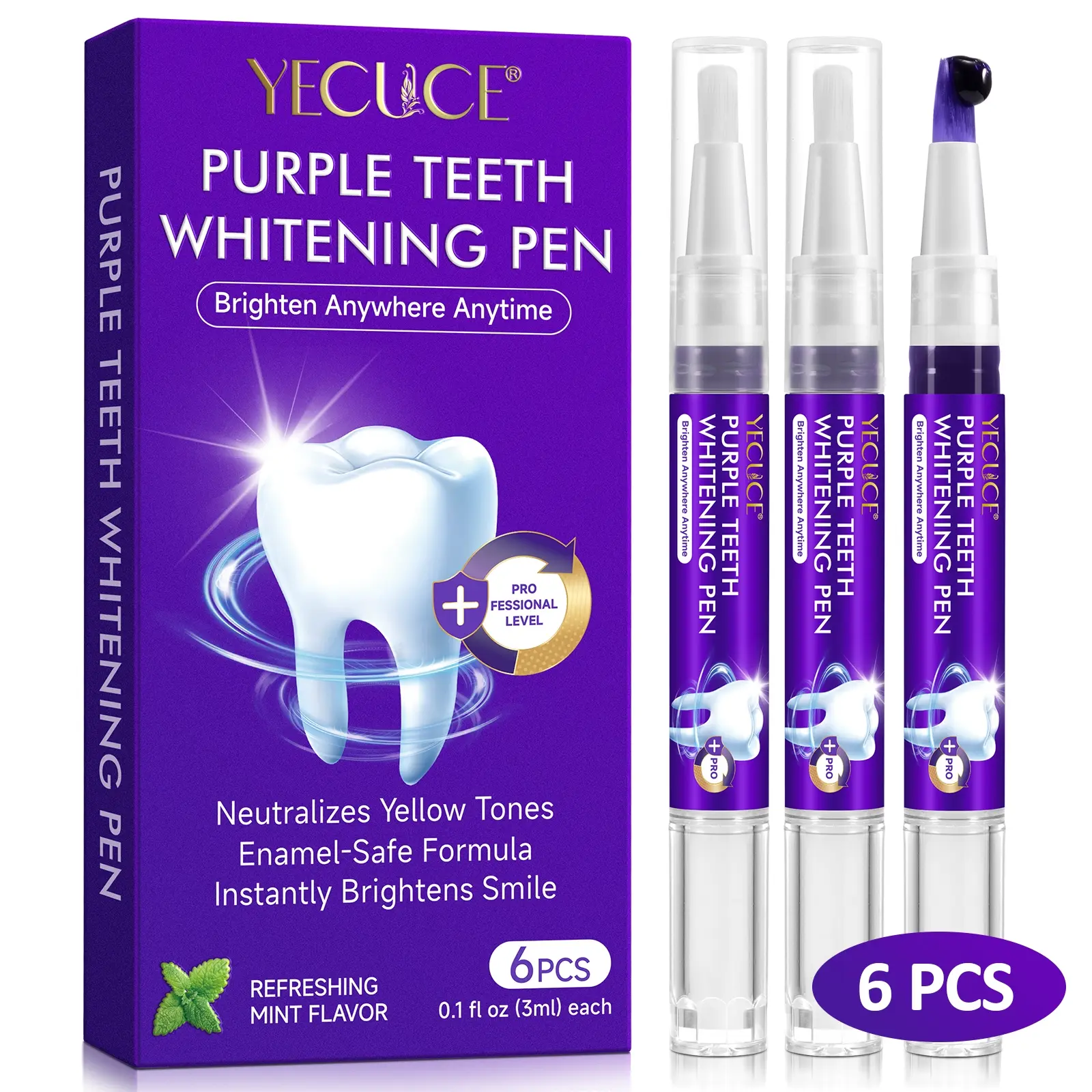 Yecuce Teeth Whitening Pen 6pcs/box, Neutralizes, Gentle & Safe Ingredients, Fresh Mint Flavor, Boosts Confidence