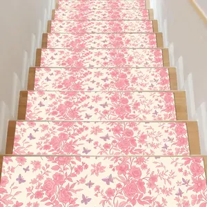 15pcs 8x30 Inch Non-Slip Stair Tread Pads - Anti-Slip Stair Carpet, Step Protector Mat, Border Stair Mat for Home Decor, Bringing Joy to Your Home. Pink Floral Butterfly Pattern, Romantic Country Style, Soft and Cozy. Suitable for Stairs, Washable Carpet