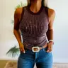CHICME Women's Rhinestone Decor O-neck Sleeveless Tee Slim Fit Ribbed Tank Top, Clothes For Women, Women's Tops