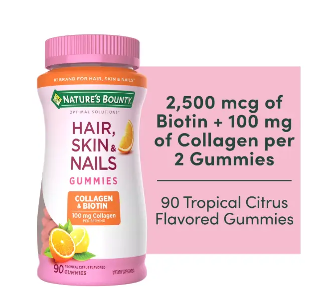 Nature's Bounty Hair Skin and Nails Vitamin with Collagen and Biotin, Women's Multivitamin, Tropical Citrus Gummies, 90 Ct