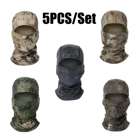 5pcs/Set Adult Tactical Camouflage Balaclava Face Masks - 100% Polyester Sweat-Dry Tactical Accessories, Adjustable All-Seasons UV Protection Motorcycle Helmet Liner, Bandana, Biking Gear, One Size Fits All