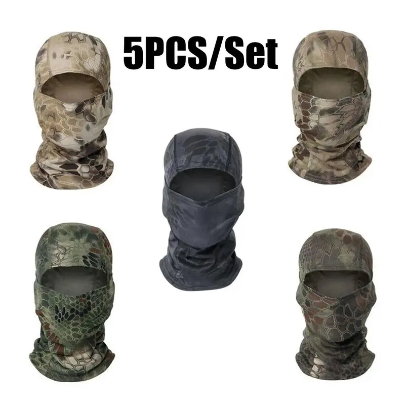 5pcs/Set Adult Tactical Camouflage Balaclava Face Masks - 100% Polyester Sweat-Dry Tactical Accessories, Adjustable All-Seasons UV Protection Motorcycle Helmet Liner, Bandana, Biking Gear, One Size Fits All