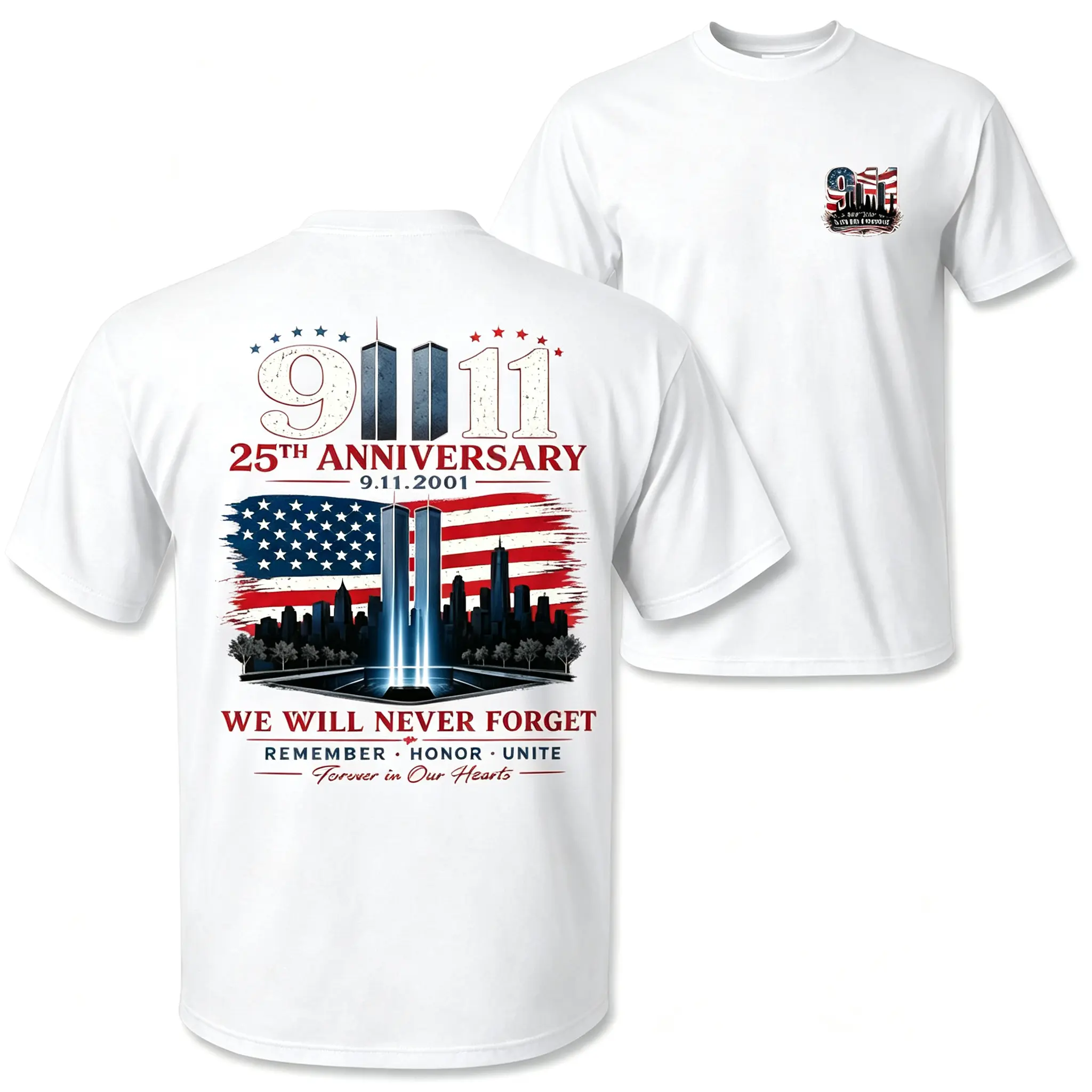 Men's 911 25th Anniversary Remembrance Graphic T-Shirt, Patriotic Print Twin Towers American Flag Double-Sided Tops, Cold Wash All-Season Casual Daily Wear, Memorial Keepsake for Patriots, Fast Same-Day Shipping Gift