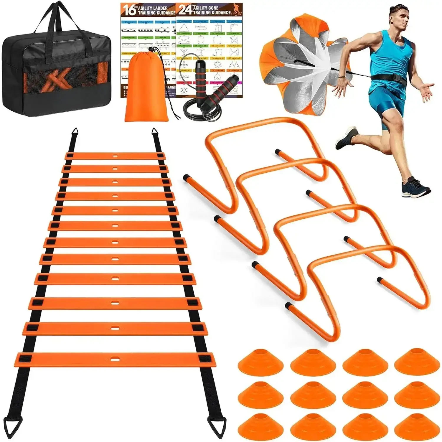 20ft Agility Ladder Complete Sports Gear Set - Footwork Drills Equipment with 12 Soccer Cones, 4 Hurdles, Jump Rope, Running Parachute, Durable Stakes for Youth - Boost Endurance, Leg Strength, Coordination (Soccer, Basketball Training), Kids, 12 Adjustab