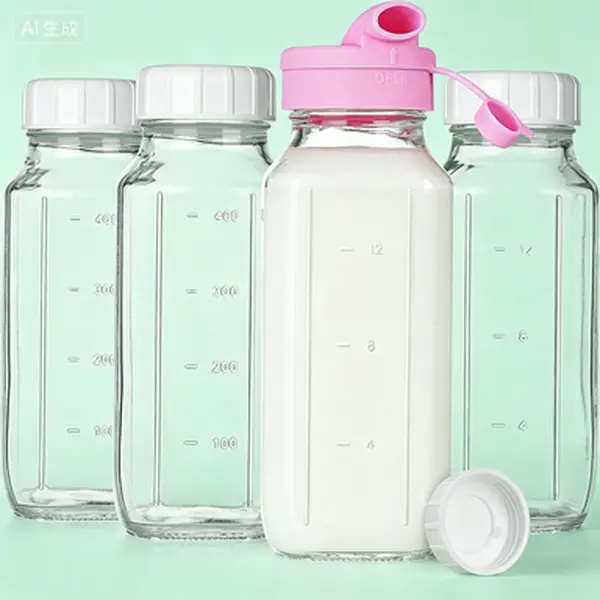 Reusable Glass Milk Bottles with Silicone Dispenser Cap, 16 Oz Square Juice Bottles with Airtight Screw Lid, Drinking Bottles with Capacity Marks, Breastmilk Storage Container, 4 Pack