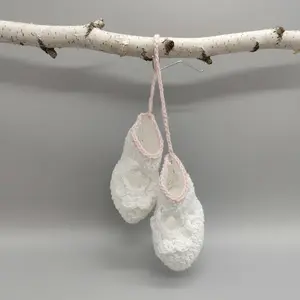 Mini Crochet Party Favors, Baby Booties Handcrafted Soft White Yarn with Sweet Baby Pink Trim 6 Pairs for Baby Shower Party Favors and Decor