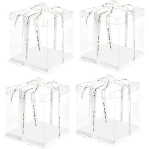 10 Inch Clear Cake Box 4 Pcs 10" X 10" X 9" Transparent Cake Box with Ribbon for 8" Tall Cakes, Clear Gift Boxes with Lid for Wedding Party Gift Display (White 4 Set)