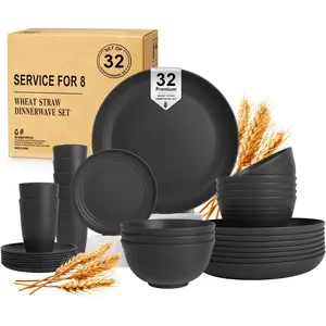 Wheat Straw Dinnerware Sets for 8, 32 count Unbreakable Plates and Bowls Sets, Plastic Dinnerware Set for Kitchen Outdoor and Apartment Dinning Essentials - Black