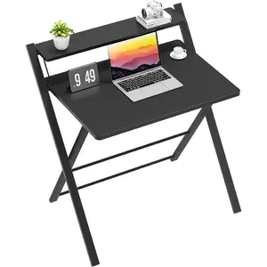 Folding Desk No Assembly Required Small Size, 2-Tier Foldable Computer Desk with Shelf for Home Office, Space Saving Portable Laptop Study Foldable Table for Small Spaces, Black