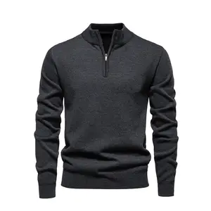 Men's Half-Zip Stand Collar Sweater, Elastic Knit Fabric, Plain Thickened Casual Pullover, Soft Warm Winter ClothingGift