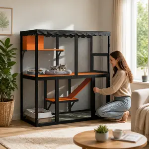 Large Wooden Catio for Multiple Cats – 4-Tier Outdoor Enclosure with Waterproof Cover & Ramp, Indoor/Outdoor Cat House