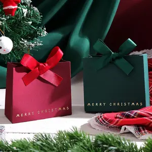 10 Elegant Christmas Gift Boxes (Gold Foil "Merry Christmas") - Red/Green, Sturdy Paper, Ribbon Decor for Candy/Jewelry/Parties Gift Box Set