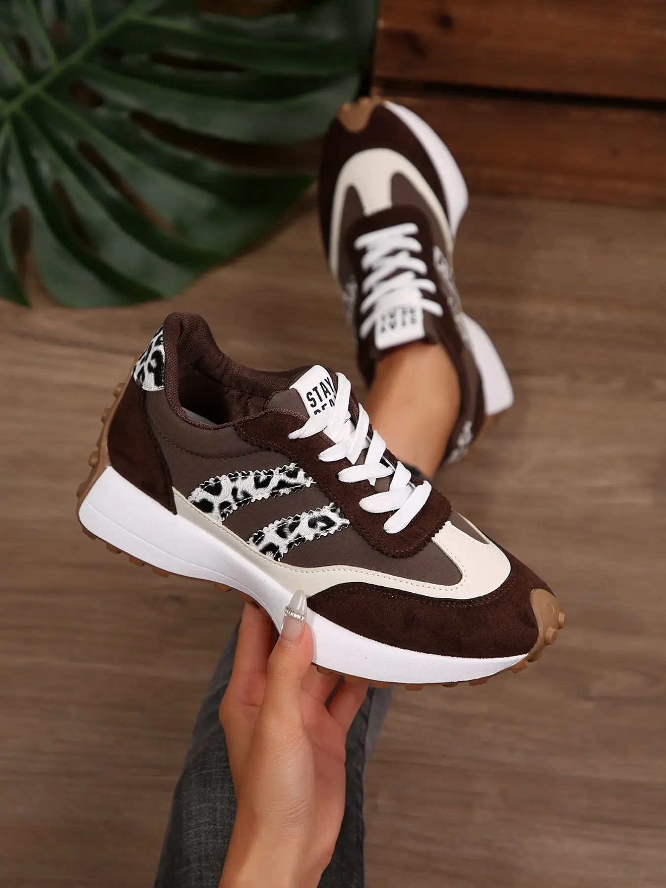 Women's Spring Fall New Large Size Round Toe Thick Sole Casual Shoes, Lace-Up Leopard Patchwork Vintage Height Increasing Sports Sneakers