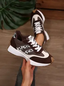 Women's Spring Fall New Large Size Round Toe Thick Sole Casual Shoes, Lace-Up Leopard Patchwork Vintage Height Increasing Sports Sneakers
