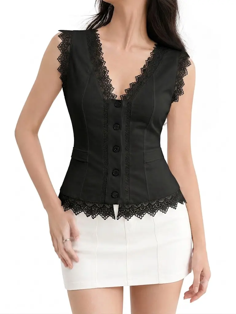 Y2K White Scalloped Lace Trim Sleeveless Waistcoat Women Deep V Neck Button Front Slim Fit Cropped Corset Vest Casual Streetwear Tank Top