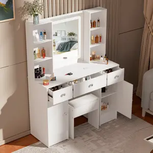 Bedroom Vanity Table Set White Dressing Table XXL Large Makeup Desk with LED 3 Color Lights Mirror and Stool 3 Drawers Dresser Desk