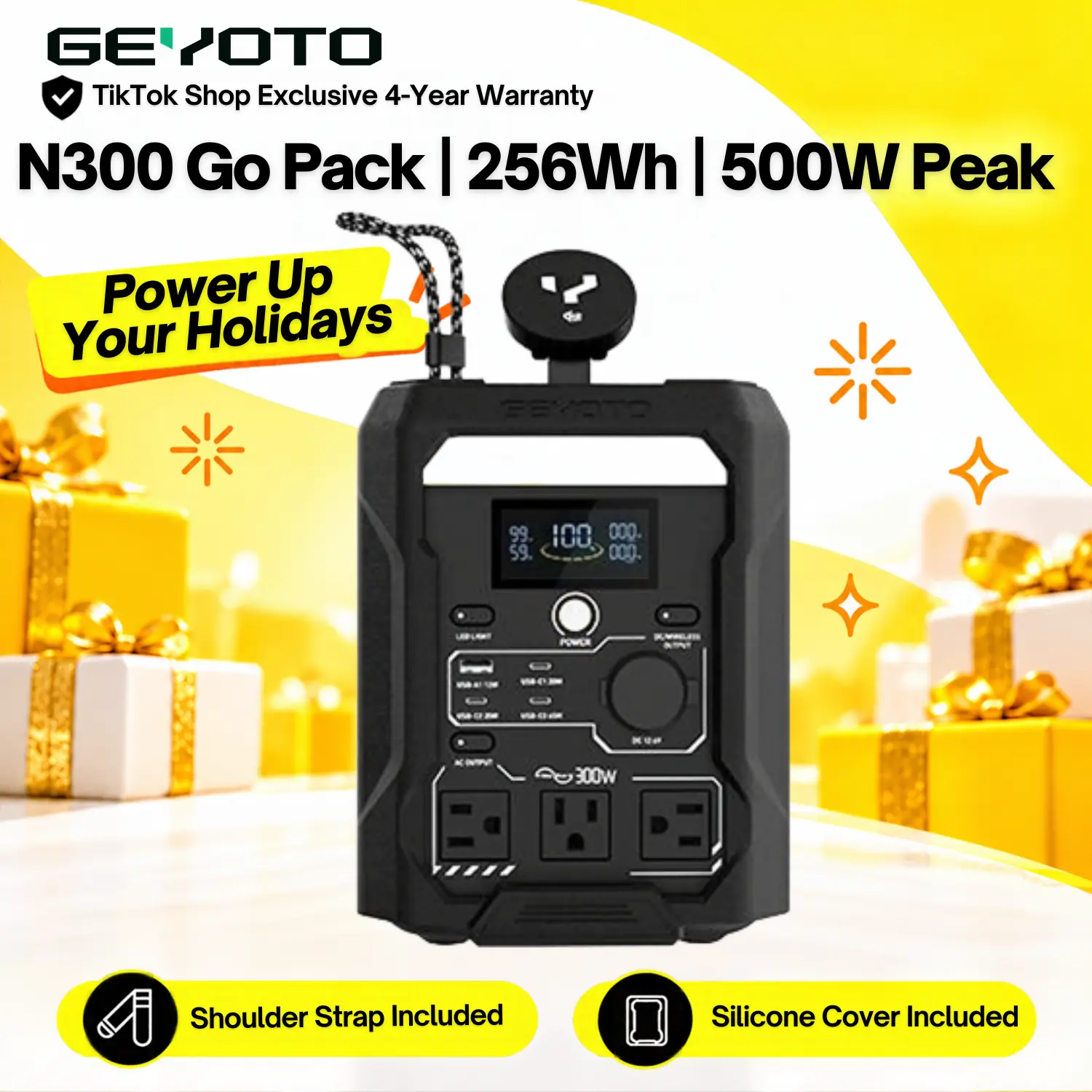 【GEYOTO N300 Portable Power Station | Stars & Stripes 】256Wh Battery, 300W Output (500W Peak), 9 Output Ports, Qi2.2 25W Wireless Charging, 140W Solar Input, <10ms UPS for Camping, Travel & Home Backup#halloween #toolupgrade #Thanksgiving