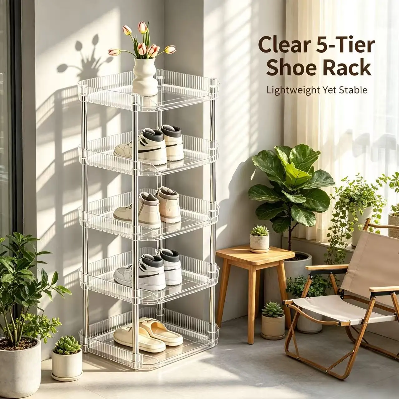 5-Tier Clear See-Through Freestanding Shoe Storage Organizer, Sturdy Chrome Metal Frame Narrow Space-Saving Shelf, Easy-to-Clean Holder for Entryway Bedroom Small Apartment, Holds Sneakers Slippers Casual Shoes