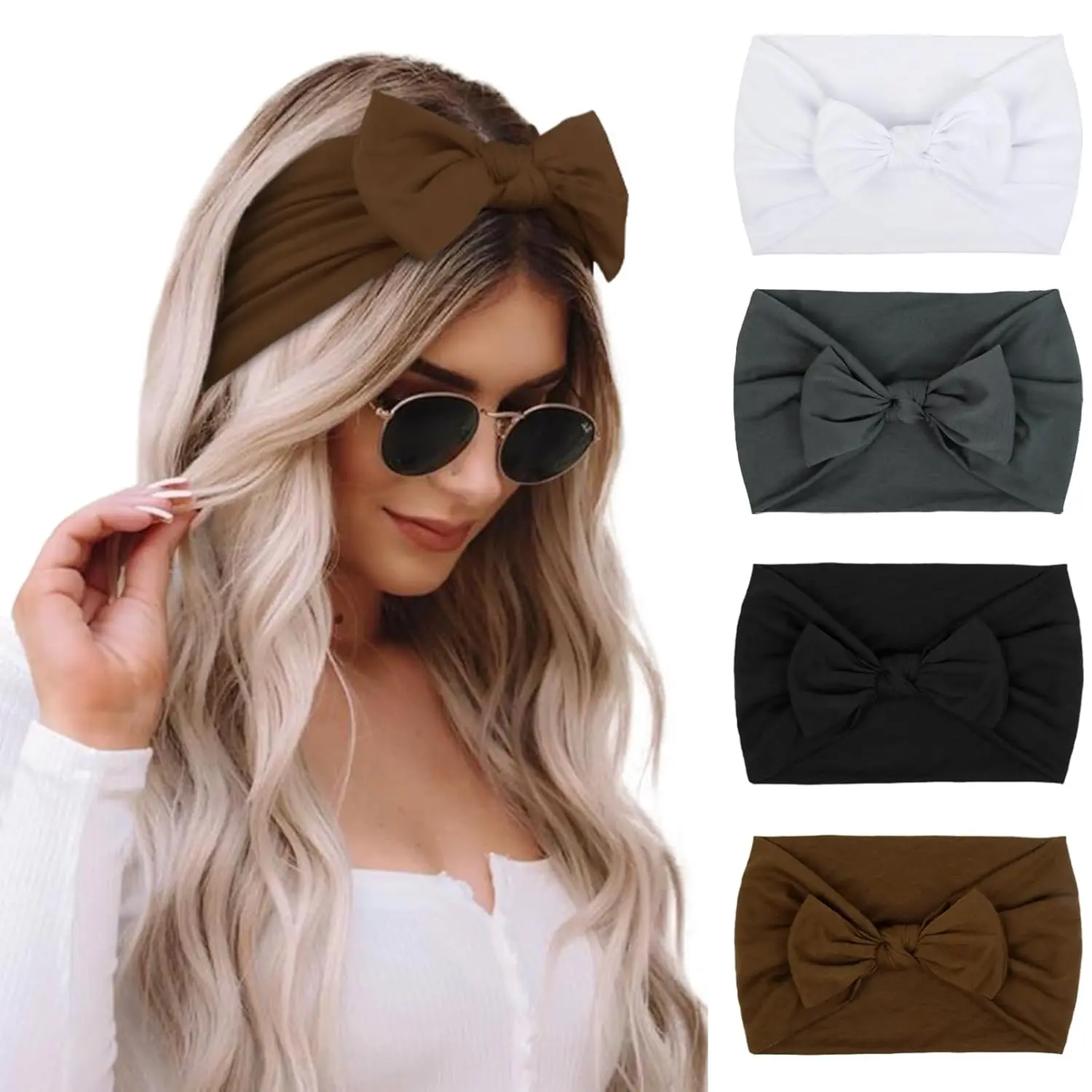 Women's Bow Hairband Set (4pcs), Fashion Wide Headbands, Anti-Slip Soft Elastic Hair Wraps, Boho Style, Suitable for Sports Yoga Gym, Workout Headbands, Hair Bows Headbands