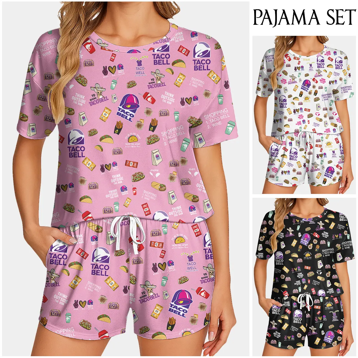 Taco-Inspired Pajama Set – Fun Fast Food Print Loungewear, Soft and Seductive Nightwear Loungewear Homewear Short Sleeve Ideal Gift For Mom Gift For Her