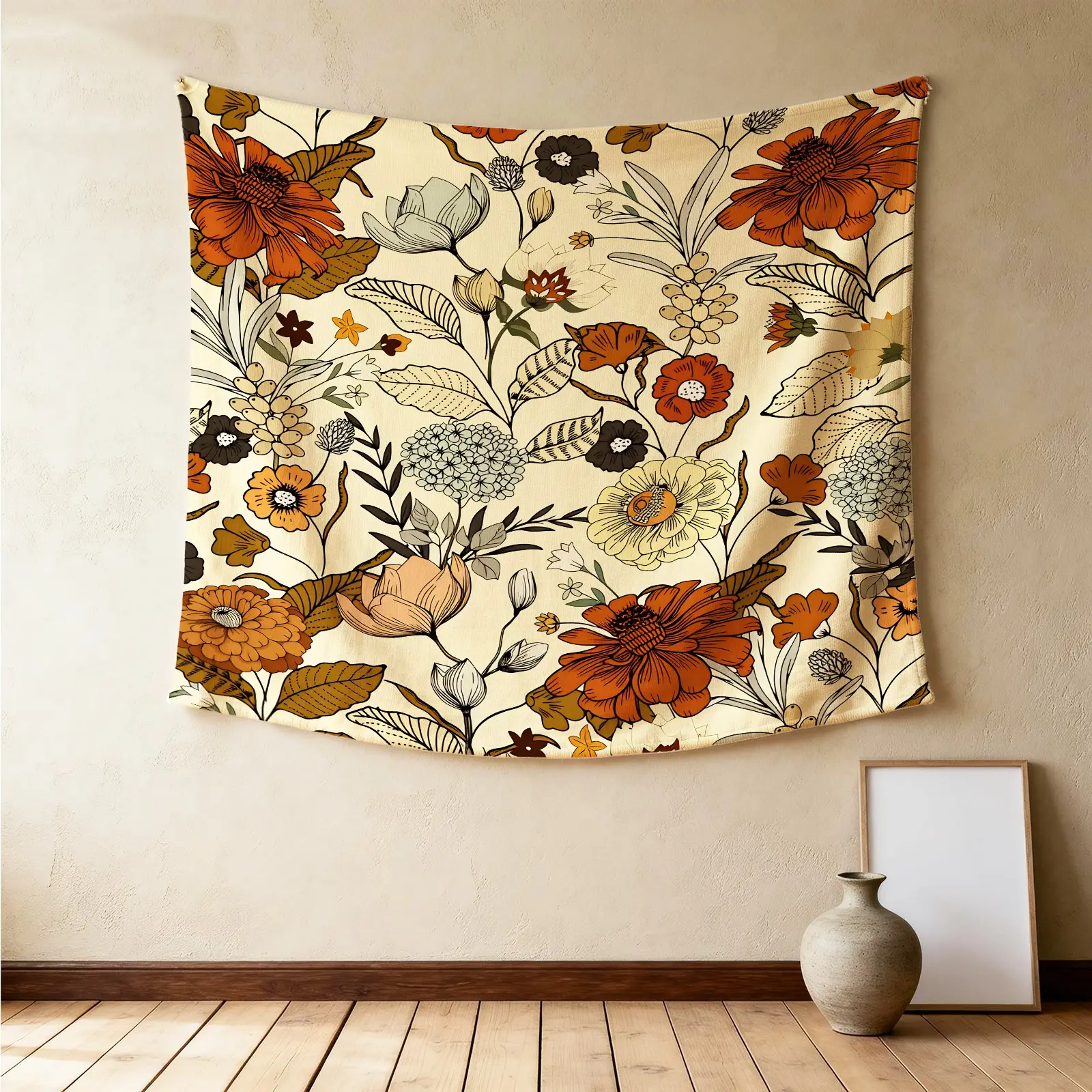 Bohemian Vintage Floral Wall Tapestry, Hand-painted Ethnic Totem Design, Full Atmosphere Easy to Install, Ideal for Summer Bohemian Themed Party Photoshoot Backdrop