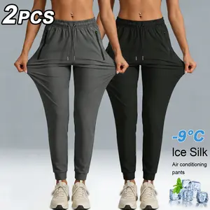 Women's Ice Silk Joggers 2 Pack, Cooling -9℃ Quick Dry Athletic Pants, Lightweight Stretch Workout Sweatpants with Zipper Pockets, Drawstring Elastic Waist Casual Lounge Pants for Summer