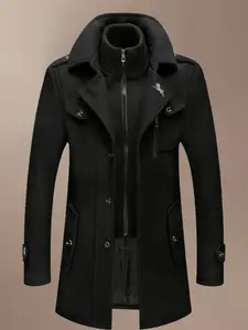 Men's Fashion Double Collar Mixed Fiber Long Coat, Zipper and Pocket Design, Warm and Durable, Suitable for Business or Casual, Autumn/Winter, Collared Jacket, Casual Style Outerwear