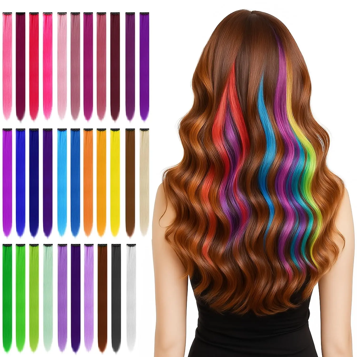 Clip In Hair Extensions 32PCS | Colored Rainbow Hair Extensions for Kids 20 Inch Straight Synthetic Hair Pieces Colorful Hair Extensions Girls Cosplay Party Birthday Hair Accessories