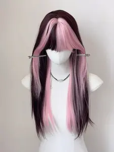 Ombre Pink Brown Synthetic Wigs Long Straight Full Headpiece, Highlights Yin Yang Hair, Anime Lolita Style, Colorful Subculture Wig