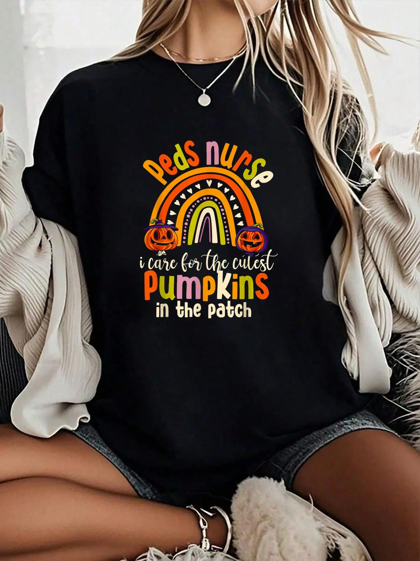 Women's Graphic T-Shirt, Halloween Nurse Peds Digital Print, Relaxed Fit 100% Soft Cotton, Breathable with a Unisex Look