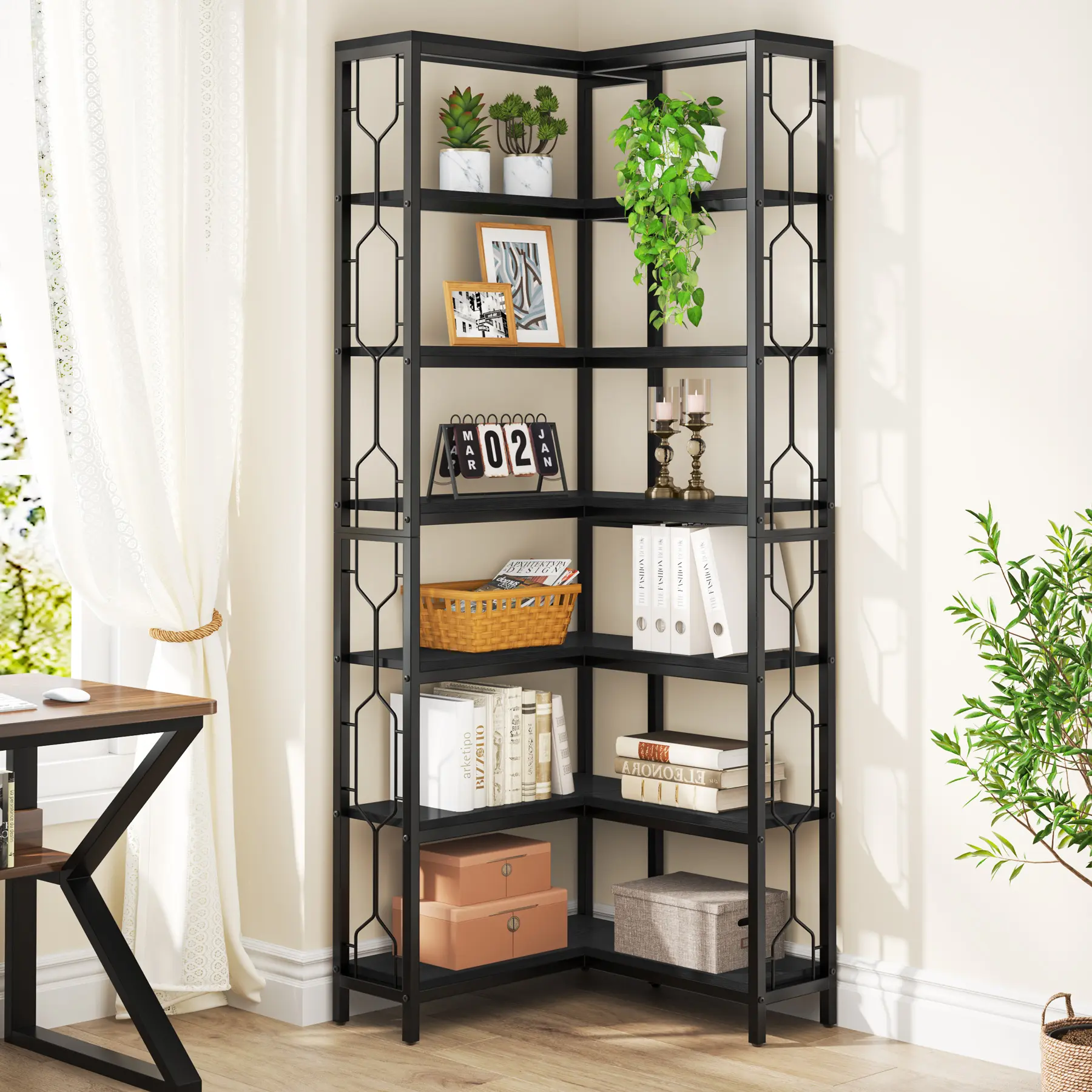 LITTLE TREE Corner Shelf, 7-Tier Industrial Corner Bookshelf, Wood and Metal Corner Etagere Bookcase, Freestanding Display Shelf for Living Room, Kitchen, Home Office