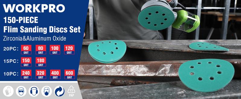WORKPRO 150-piece Premium Sanding Discs Set, 5" 8-Hole Polyester Film Hook and Loop Sandpaper, 10 Grades Include 60, 80, 100, 120, 150,180, 240, 320, 400, 600 Grits for Random Orbital Sander, Green