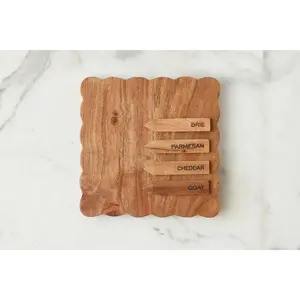 Square Scalloped Cheese Board with Cheese Markers, Small, Natural