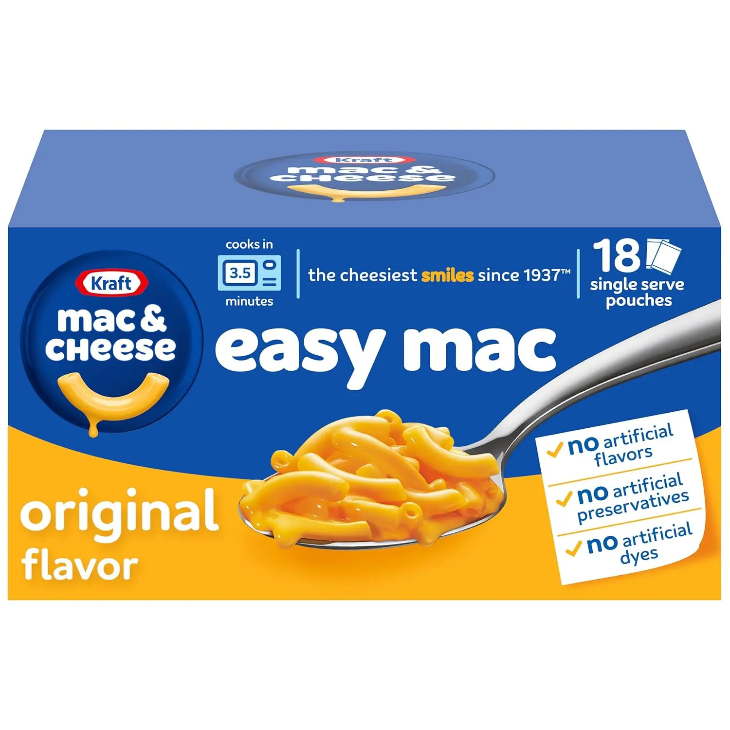 Kraft Original Easy Mac and Cheese Single Serve Packets, 18-Count, 38.7 oz, No Artificial Flavors/Preservatives/Dyes, Natural Colors, Contains Milk, for Easy Dinner Sides