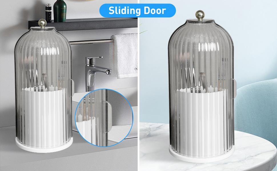 Toothbrush Holders with Sliding Lid Rotating 3 Slots Bathroom Organizer Countertop Grey ABS Material Anti-slip Drainage Vanity Makeup Brushes Organizer Pad Accessory Modern