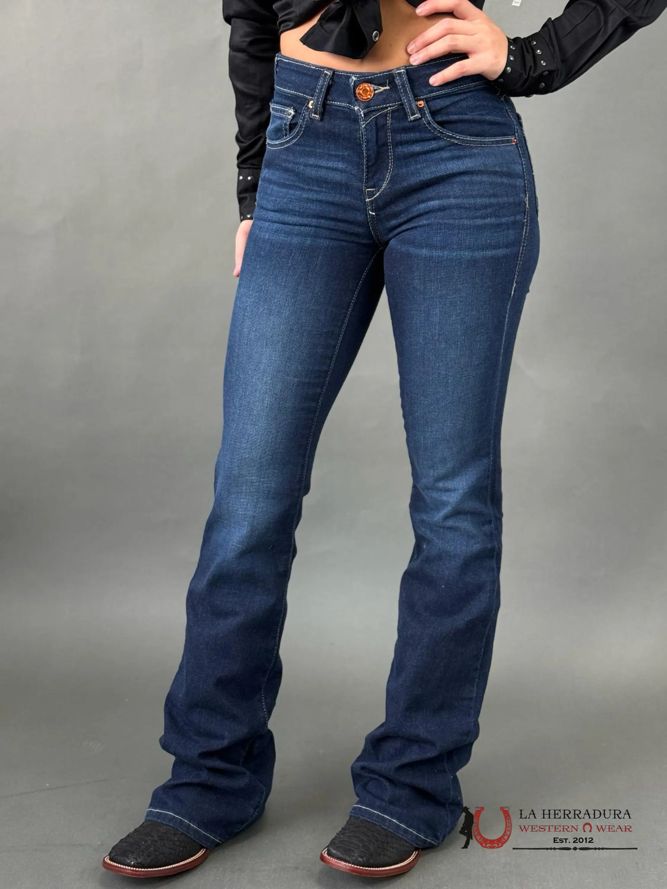 Ariat Women's Ultra Stretch Dark Blue Maya Flare Jeans 10027692 - Fitted Western Fashion Bottoms for All Seasons