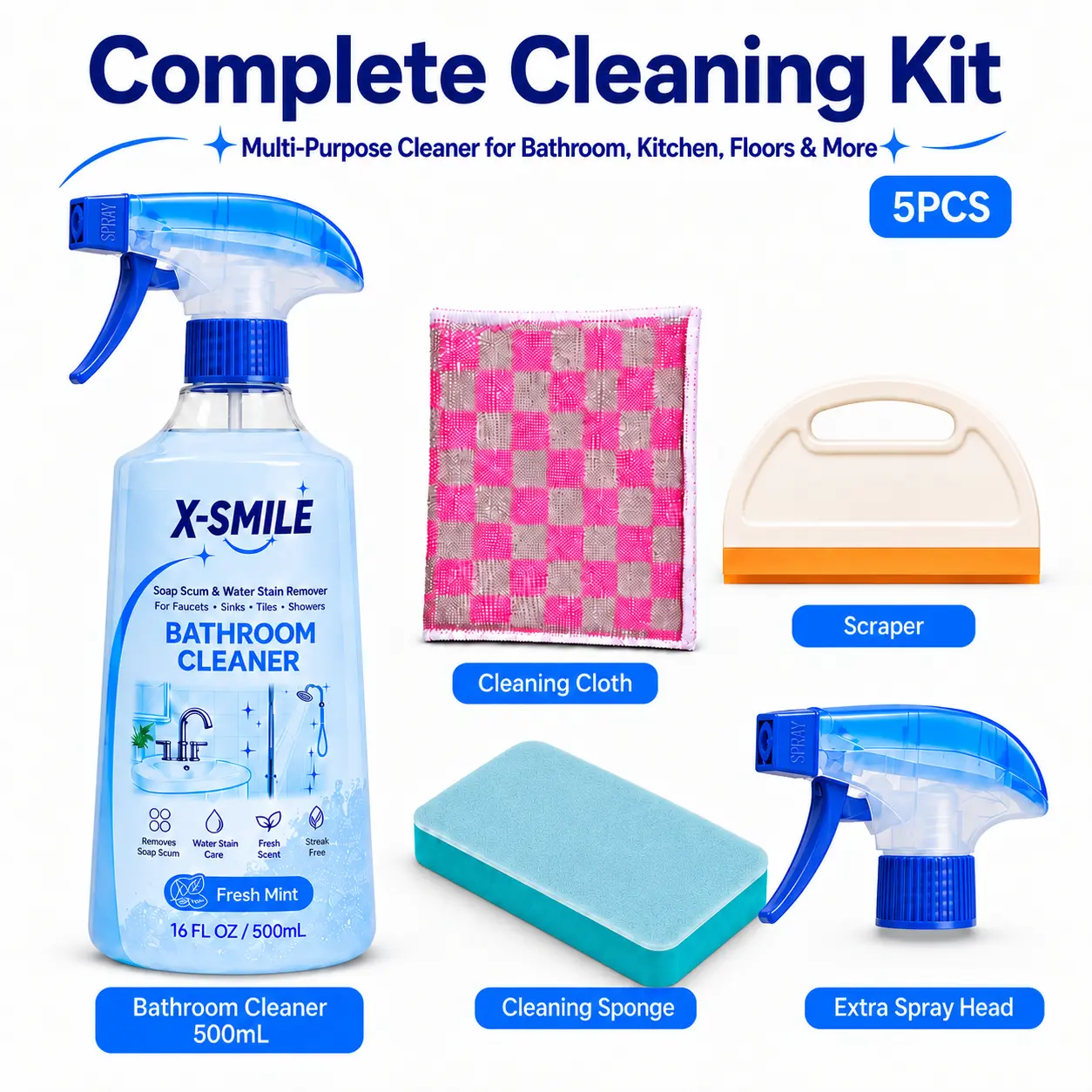 X-SMILE 5-Piece Bathroom Cleaning Kit, 1/2/3 Sets, 500 mL Shower Glass Cleaner with Spray Trigger, Squeegee, Cloth & Sponge, Hard Water Stain, Soap Scum & Bathroom Grime Remover for Bathtub, Sink, Faucet, Tile & More