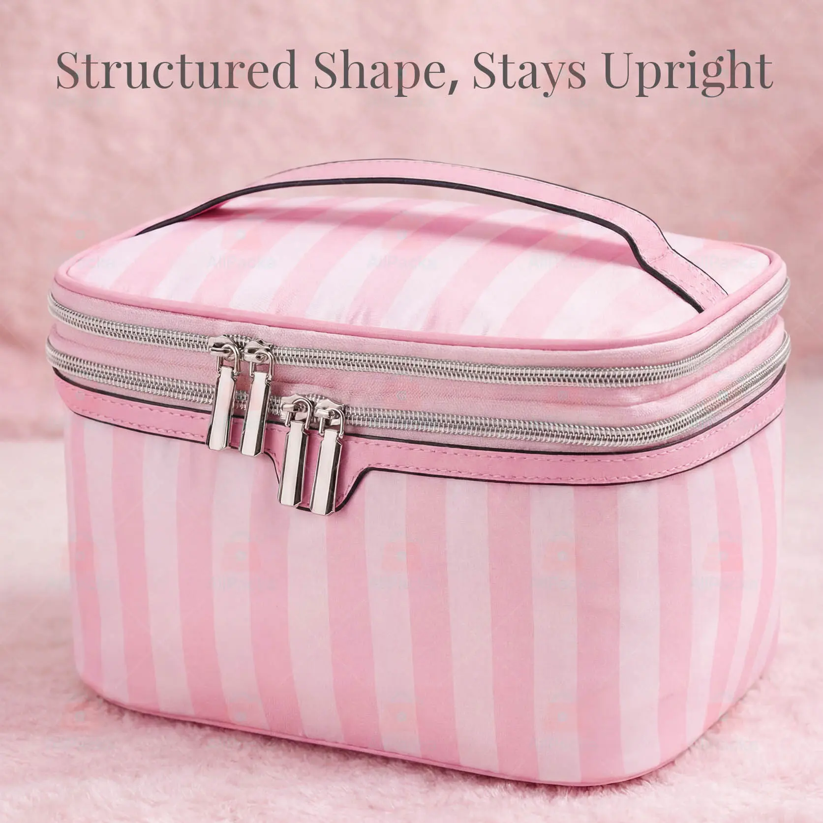 Quilted Pink Striped Makeup Bag - Large Puffy Portable Makeup Pouch with Top Handle, Flat Lay Storage, Travel Cosmetic Bags for Luggage Organization, Cosmetic Bag For Purse, Structured Shape, Stays Upright