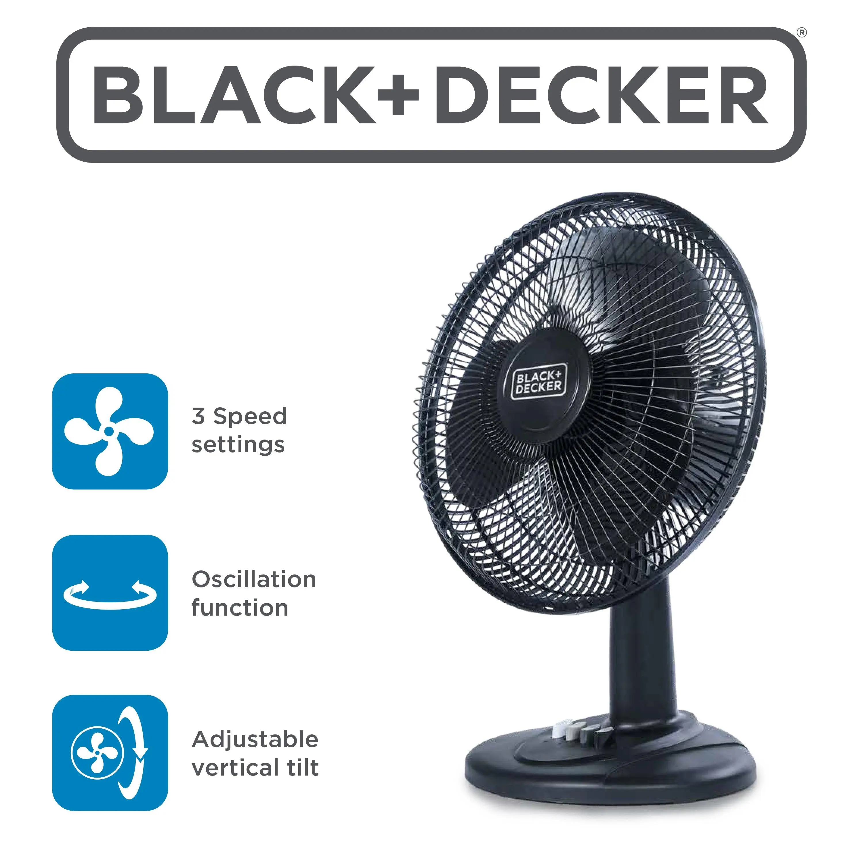 BLACK+DECKER Desk Fan for Home and Office, 12” Fan with 3 Speed Settings, Oscillating Portable for Office Desk, Table Top and Kitchen Table with Adjustable Tilt