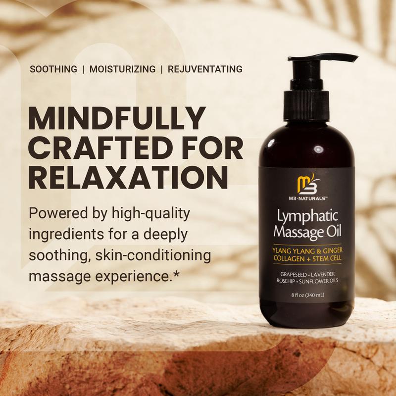Lymphatic Drainage Massage Oil + Body Roller Kit, with Ylang Ylang, Ginger, Collagen & Stem Cells for Circulation, Detox, Cellulite Removal, Sore Muscle Relief & Skin Firming, 8oz by M3 Naturals