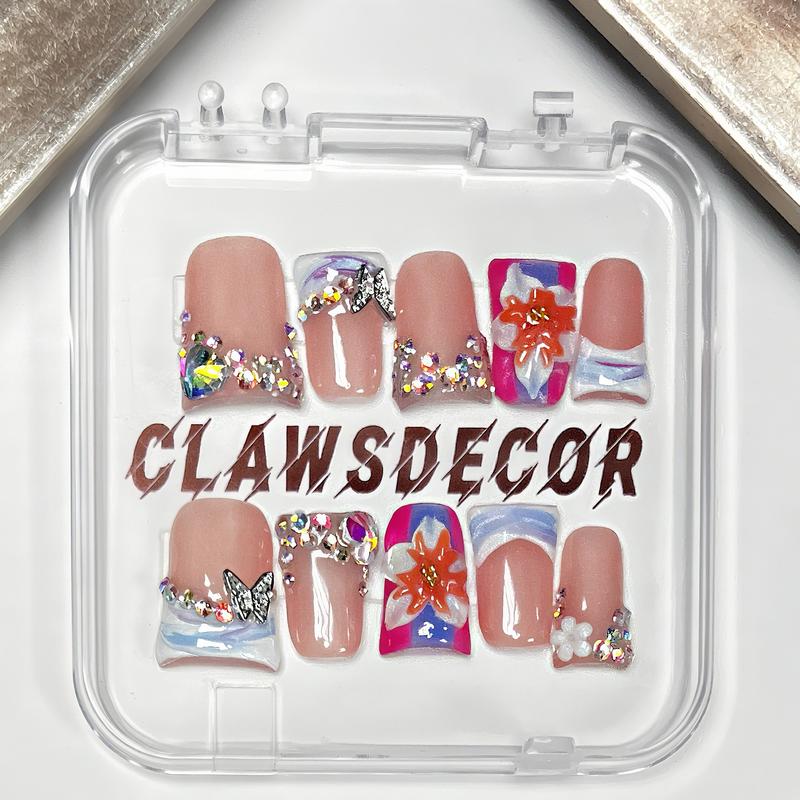 Butterfly & Floral Rhinestone Press On Nails 3D Flower Art Crystal Edges Nude Pink Floral Nail Set Handmade Luxury Nails with Iridescent Bands & Butterfly Charms